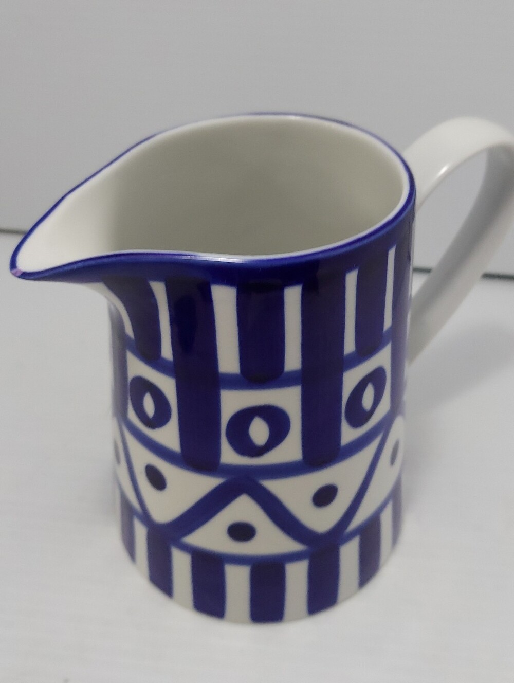 Vintage Dansk Arabesque Cord Large Pitcher 6.5" tall Blue White Geometric Motif